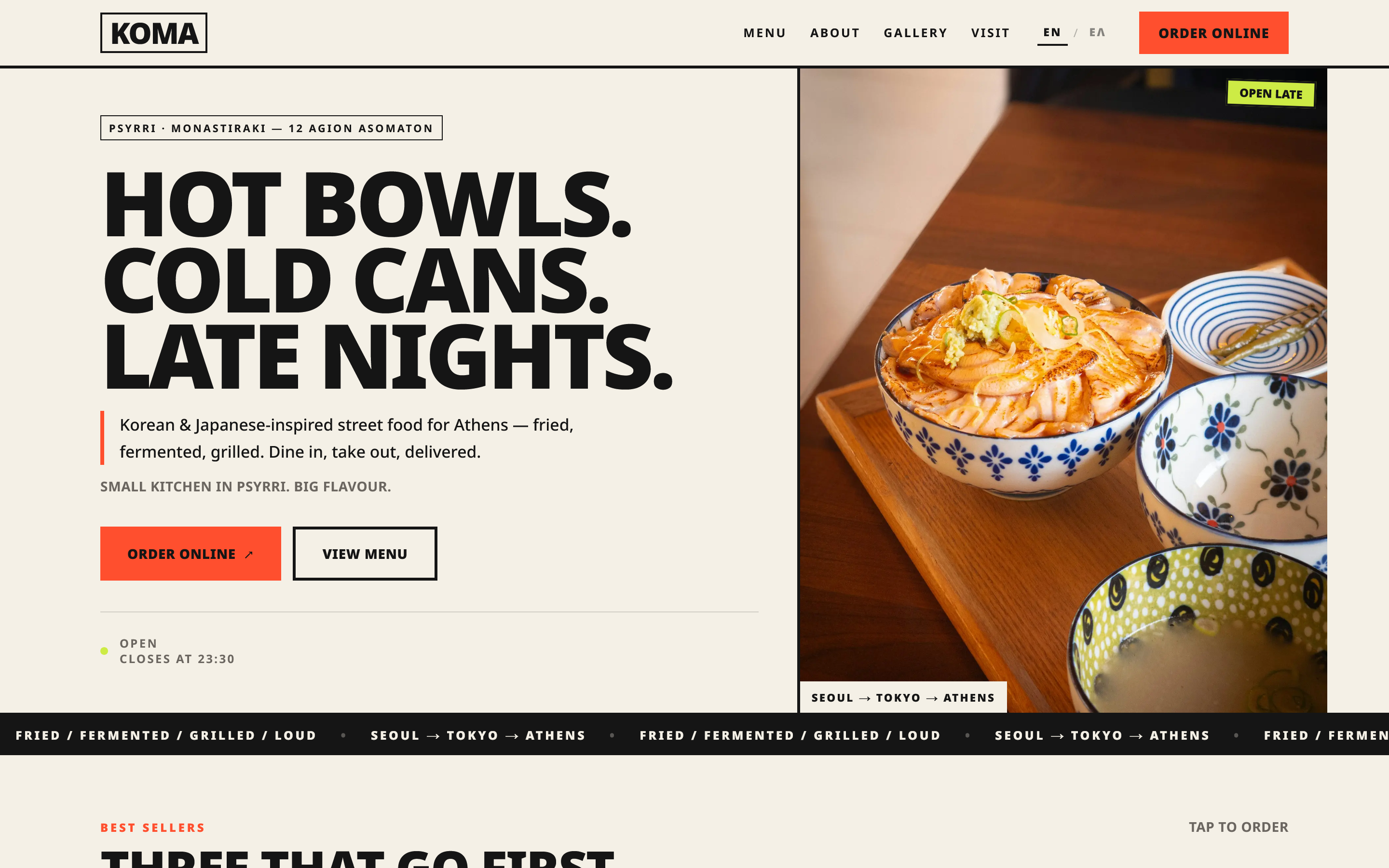 KOMA website homepage shown in a desktop browser window